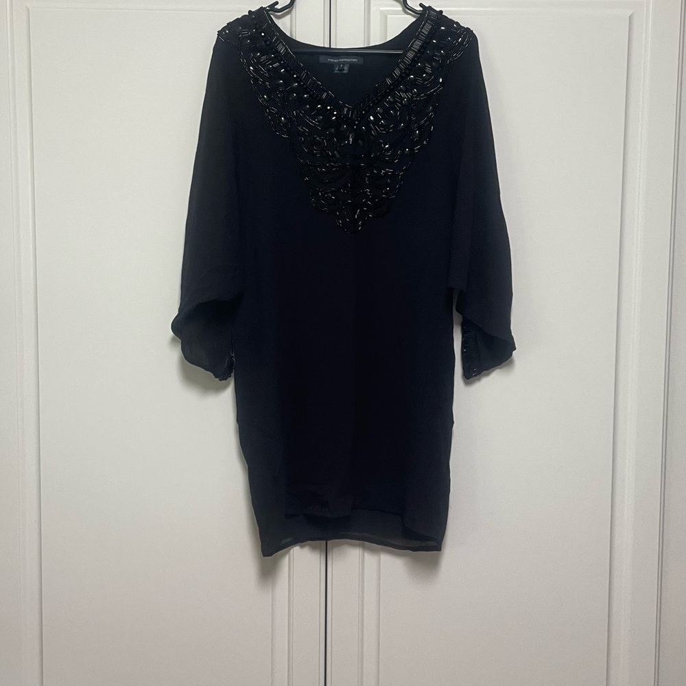 French Connection Black Tunic with Beaded Neckline Sz 2
